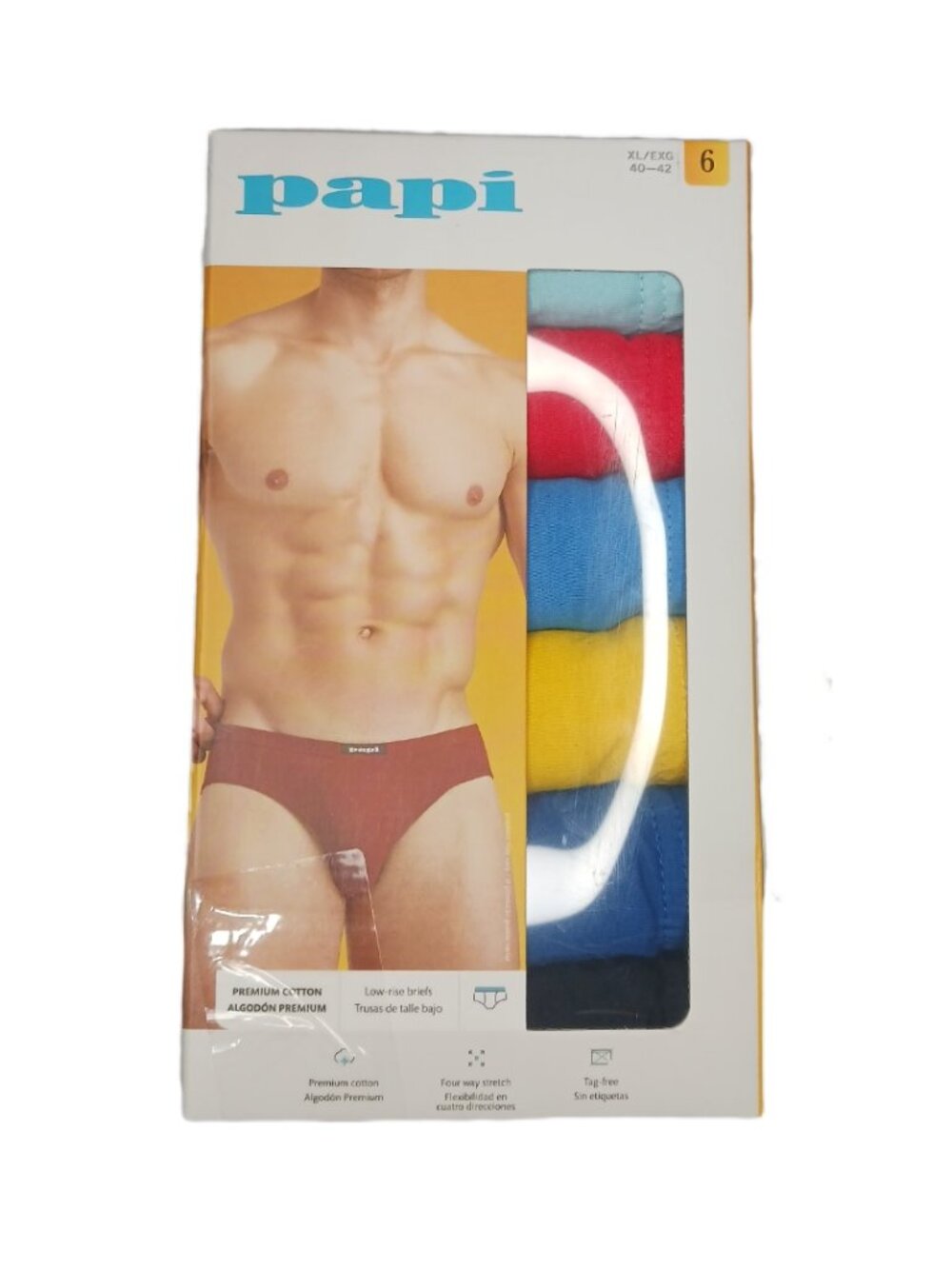 Papi Mens Size XL Low Rise Briefs 6 Pack Premium Cotton Tag Free Multicolor